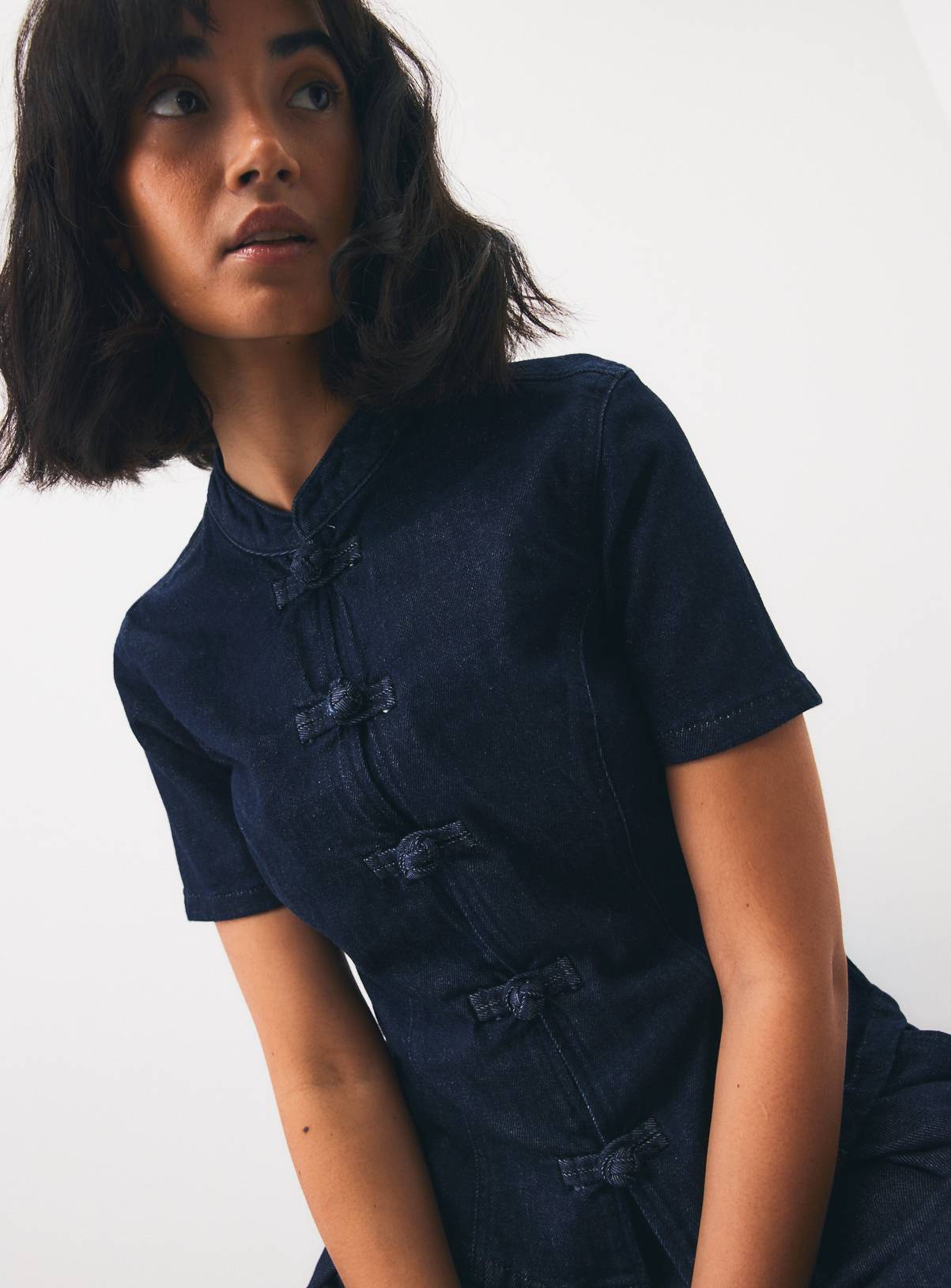 Dark Denim Frog Fastening Grandad Collar Top 12 - Image 2